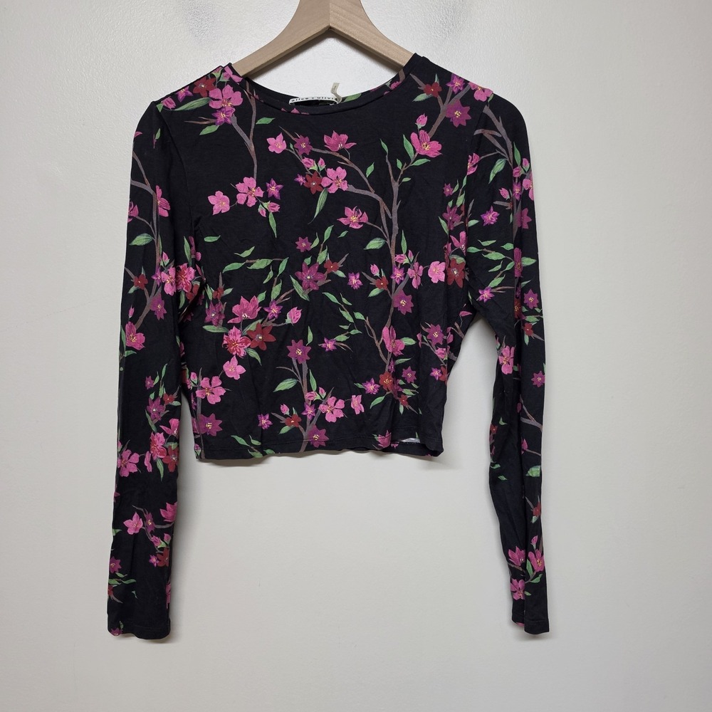 Alice + Olivia Floral Long Sleeve Crop Top XS Black Pink Cherry Blossom Stretch